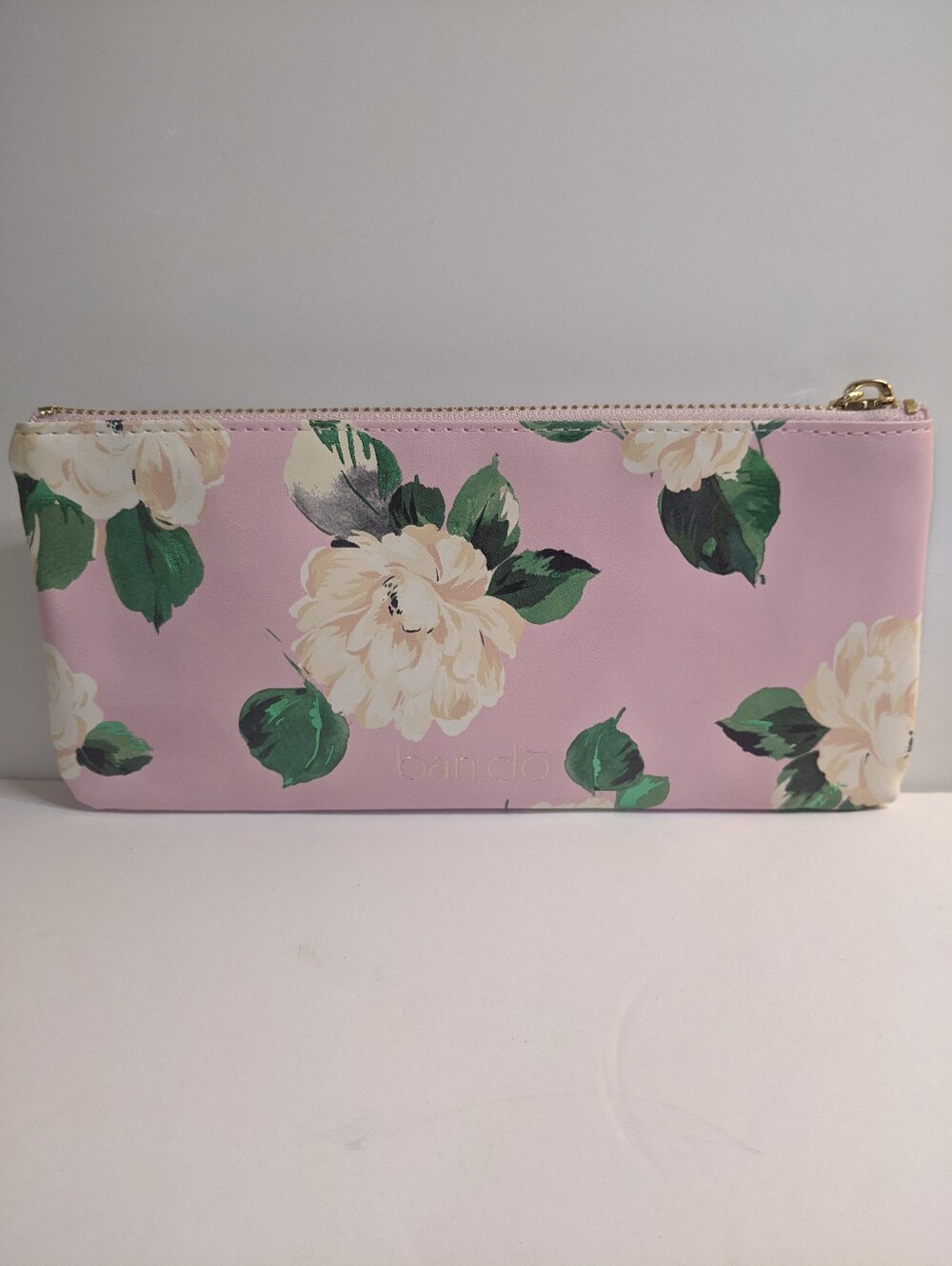 Ban.Do Pink Floral Zippered Makeup Bag Pencil Case Pouch Gold Lining